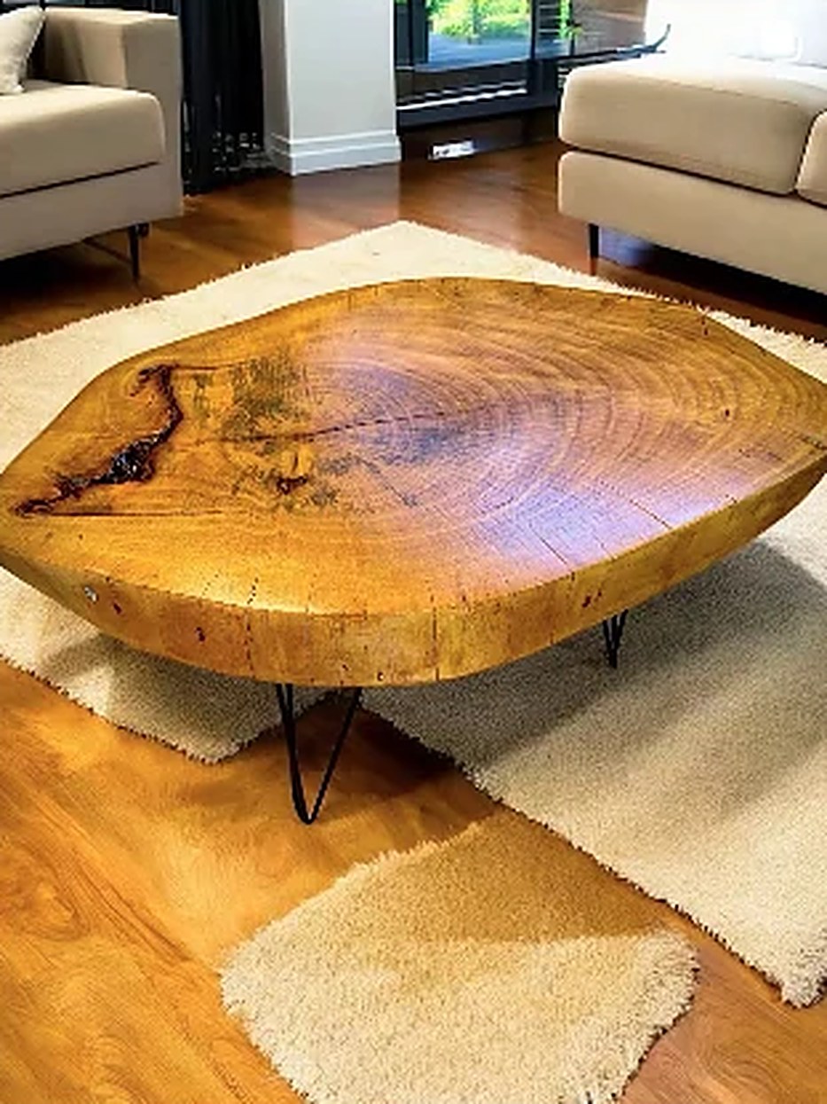 Mesa de centro de tronco maciço com pés de aço